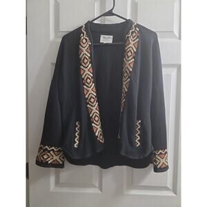 Lucky Brand Lucky Lotus Womens Black Open Front Boho Aztec Cardigan Small